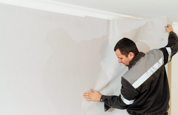 The wall repairman is finishing wallpapering, on the left there is a place for an inscription. Home renovation concept